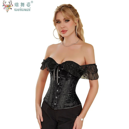 Plus Size Women's Corset Overbust Charming Lace Off-the-shoulder Crop Tops Sexy Shapewear Vintage Court Bustiers Tummy Control