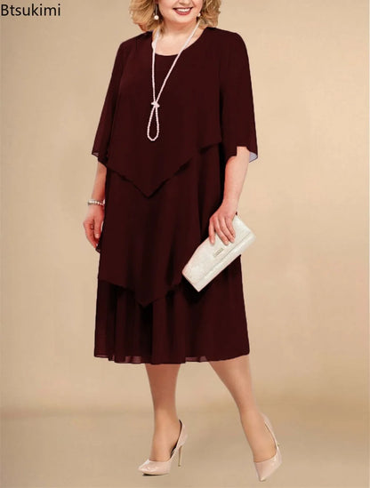 Plus Size Elegant Chiffon Dress Women's Irregular Layered Hem Flowy Midi Dress Fashion Party Wedding Guest Summer O-neck Dresses