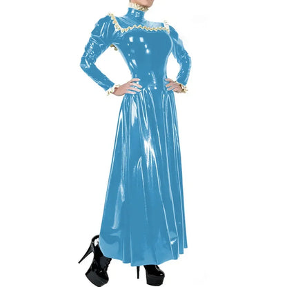 Plus Size Ladies Elegant Long Dress High Neck Ruched Trims Long Sleeved Vestidos Bodycon Back Zip Wetlook PVC Leather Ball Gowns