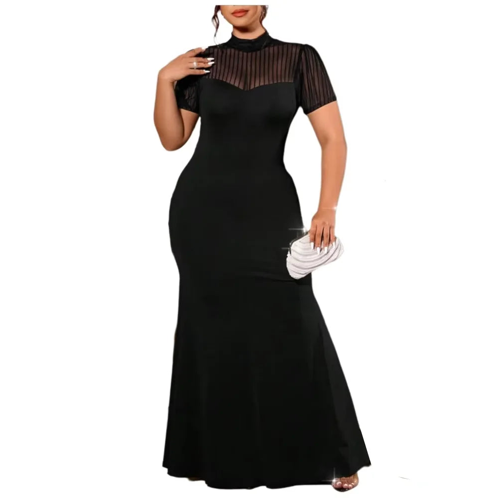 Plus Size Women Mesh Evening Dress High Neck Cap Sleeve Sheer Gown Frock Slim Fit Casual Elegant Ladies Wear Spring Summer Dress