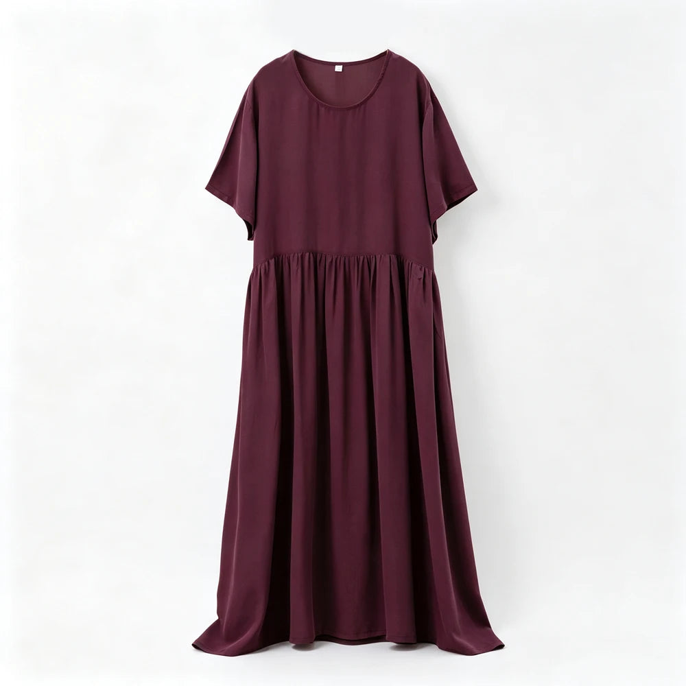 Plus Size Women's Casual Summer New Breathable 100% Natural Mulberry Silk Double Crepe Wine Red Round Neck Short Sleeved Dress