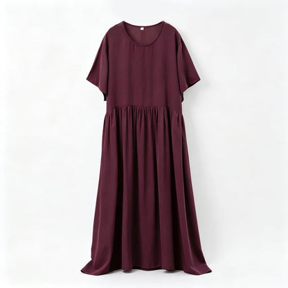 Plus Size Women's Casual Summer New Breathable 100% Natural Mulberry Silk Double Crepe Wine Red Round Neck Short Sleeved Dress