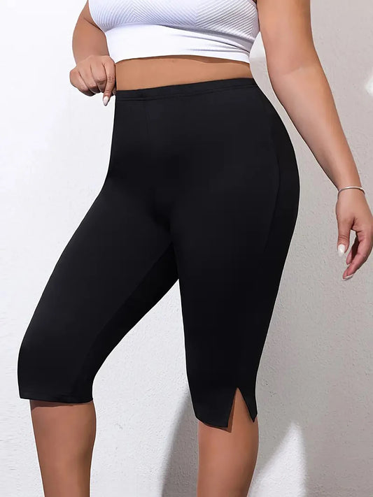 Curvy Plus Size Women's Skinny Capri with Side Split Mid PantsSolid Color Elastic Leggings Fashion Casual Summer Knit Trousers