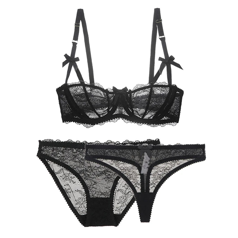 Varsbaby Bowknot half cup bra three-piece bra + briefs + thong sexy cute underwear plus size bra set