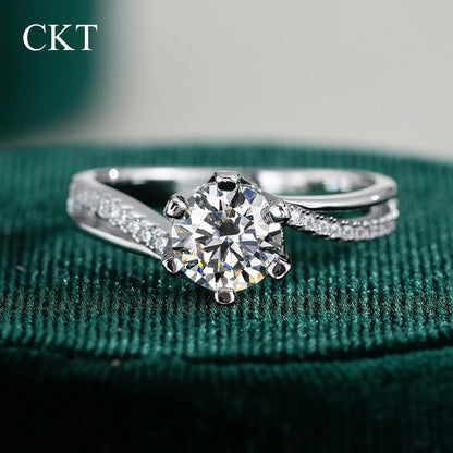 CKT 18k White Gold Ring 1ct Diamond Moissanite Ring for Women's Platinum Pt950 Six-Claw Classic Marriage Proposal Rings Jewelry