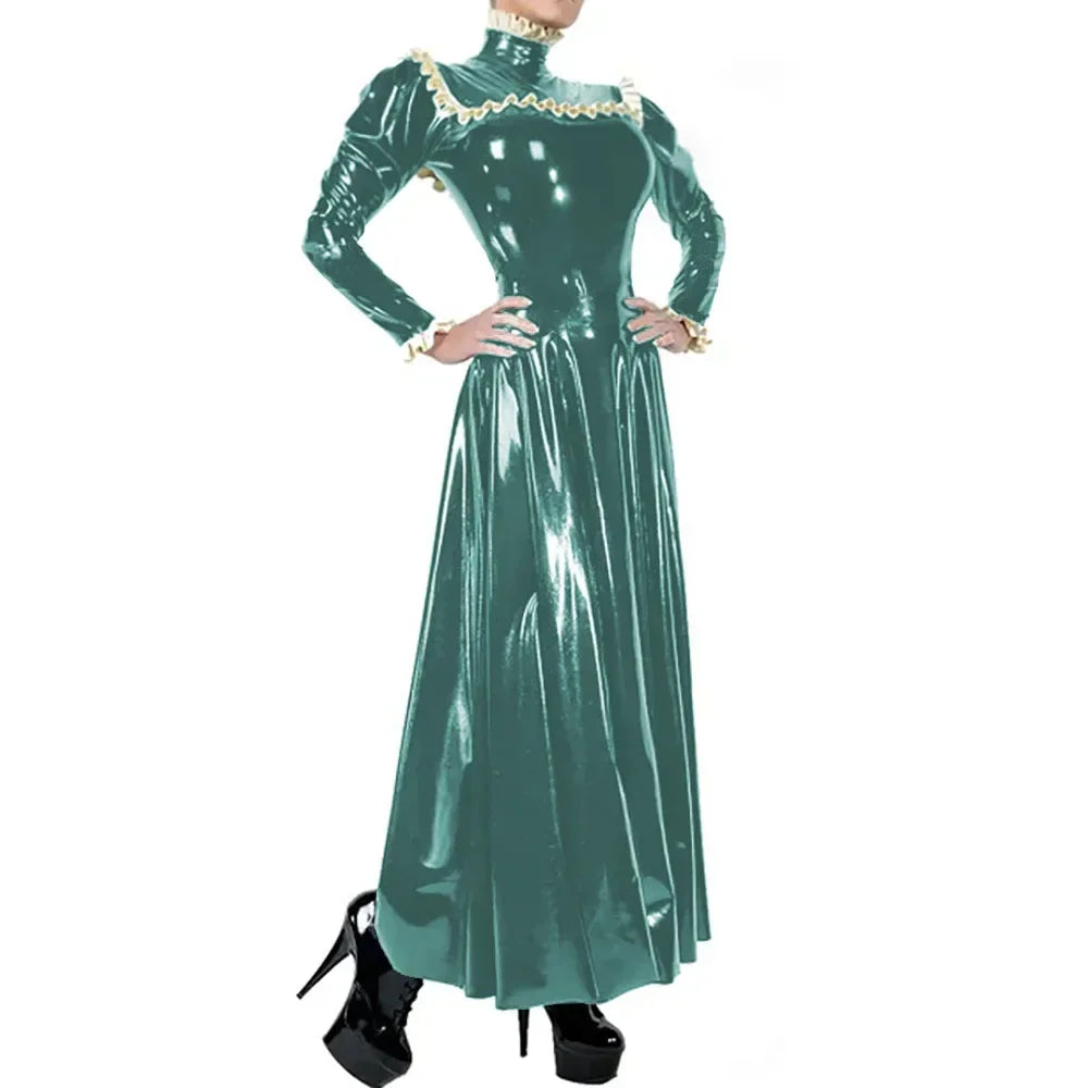 Plus Size Ladies Elegant Long Dress High Neck Ruched Trims Long Sleeved Vestidos Bodycon Back Zip Wetlook PVC Leather Ball Gowns