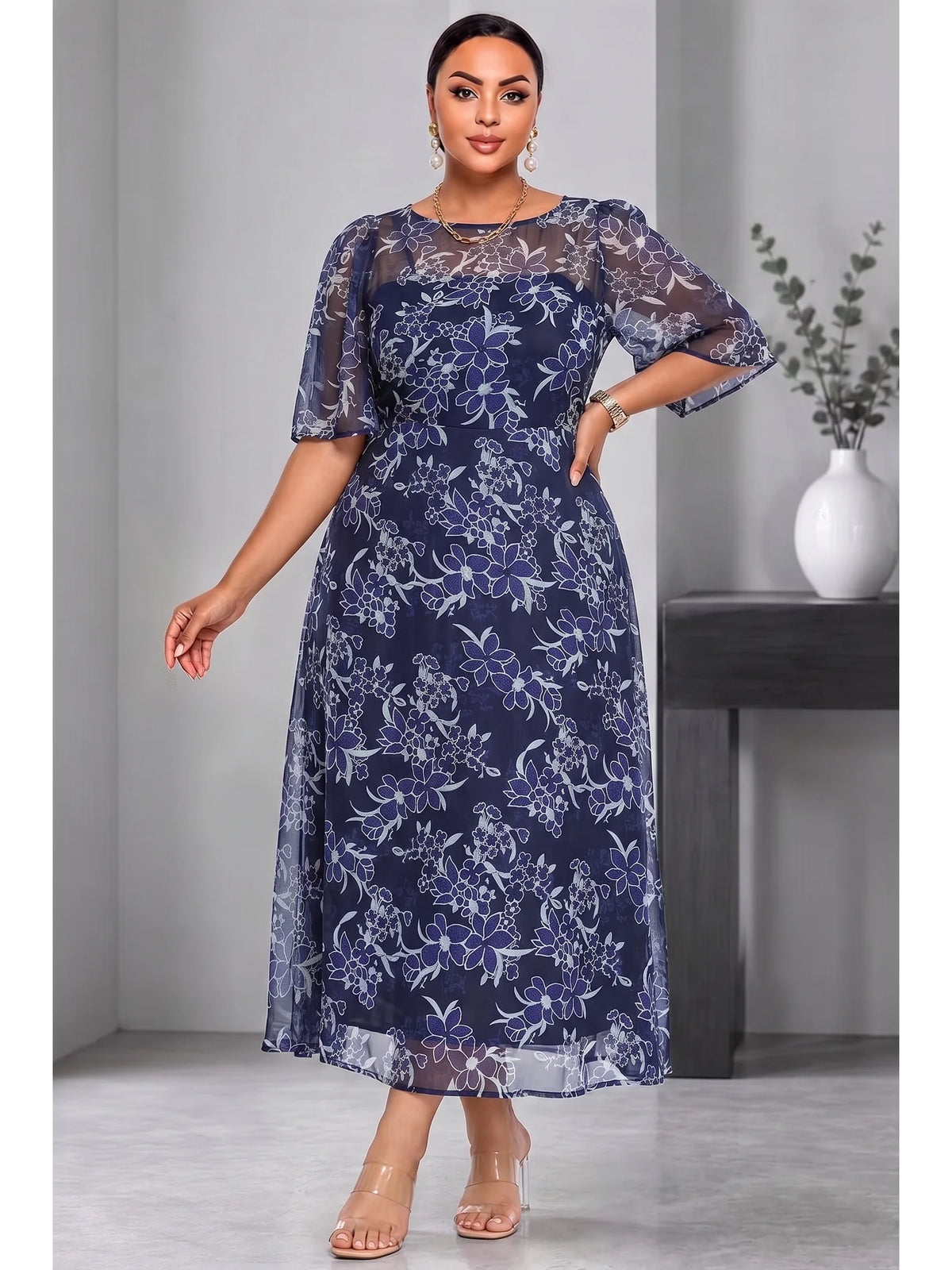 Plus Size Navy Floral Chiffon Midi Dress Round Neck Short Sleeve Flowy Dress Women Casual Summer Elegant Wedding Guest Dress