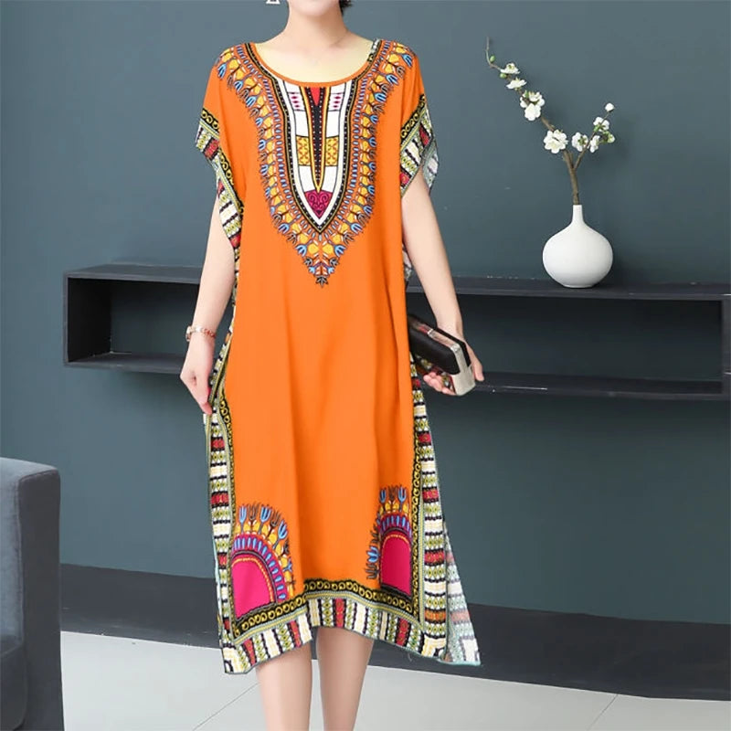 Plus Size Elegant Party Woman Midi Dresses Casual Retro Ethnic Style V-neck Tunic Large Swing Floral Printed Long Skirt Holiday