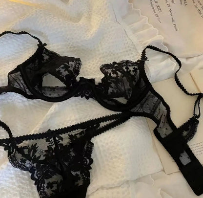 Ultra Thin Bra Set for Petite Chest: Anti-Sag Soft Wire Uplift, Sheer French Lace Bralette & Briefs, Plus Size Women 32 - 38 A B