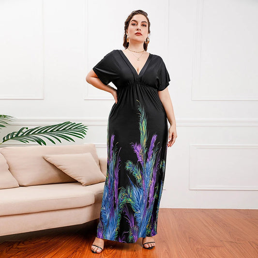 Casual Short Sleeve Plus Size Dress For Women Summer Print V Neck Long Dress Ladies Elegant Backless Ruffle Bohemian Dresses