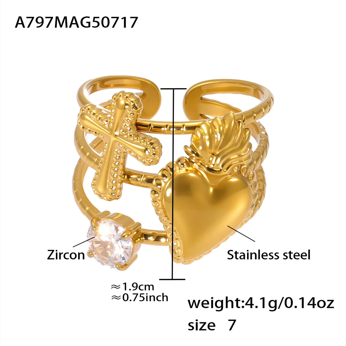 Cute Love Heart Rings for Women Waterproof Stainless Steel Gold-plated White Zirconia Ring Daily Jewelry Accessories
