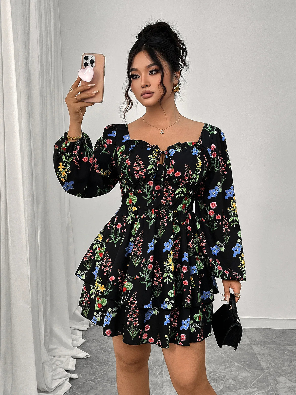 Women Plus Size Mini Dress Black Floral Square Neck Tie Front Puff Sleeve Ruffle Skater Dress Fall Casual Short Dress Daily Wear
