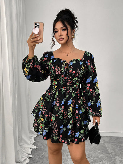 Women Plus Size Mini Dress Black Floral Square Neck Tie Front Puff Sleeve Ruffle Skater Dress Fall Casual Short Dress Daily Wear