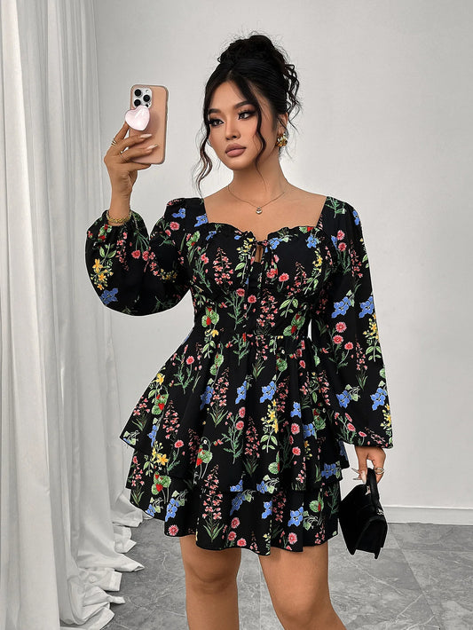 Women Plus Size Mini Dress Black Floral Square Neck Tie Front Puff Sleeve Ruffle Skater Dress Fall Casual Short Dress Daily Wear