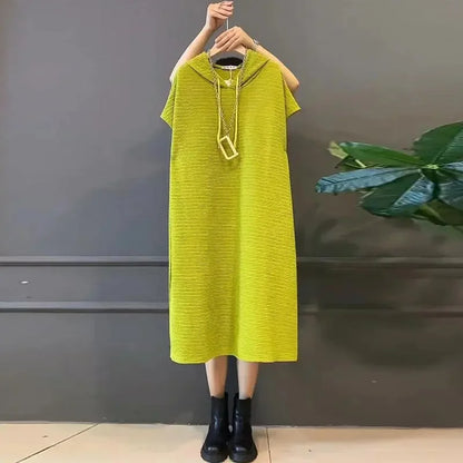 Women Large Size 4XL Pleated Long Dress Summer Female Fashion Solid Color Vestidos Spring Ladies Hooded Knee Length Maxi Dresses