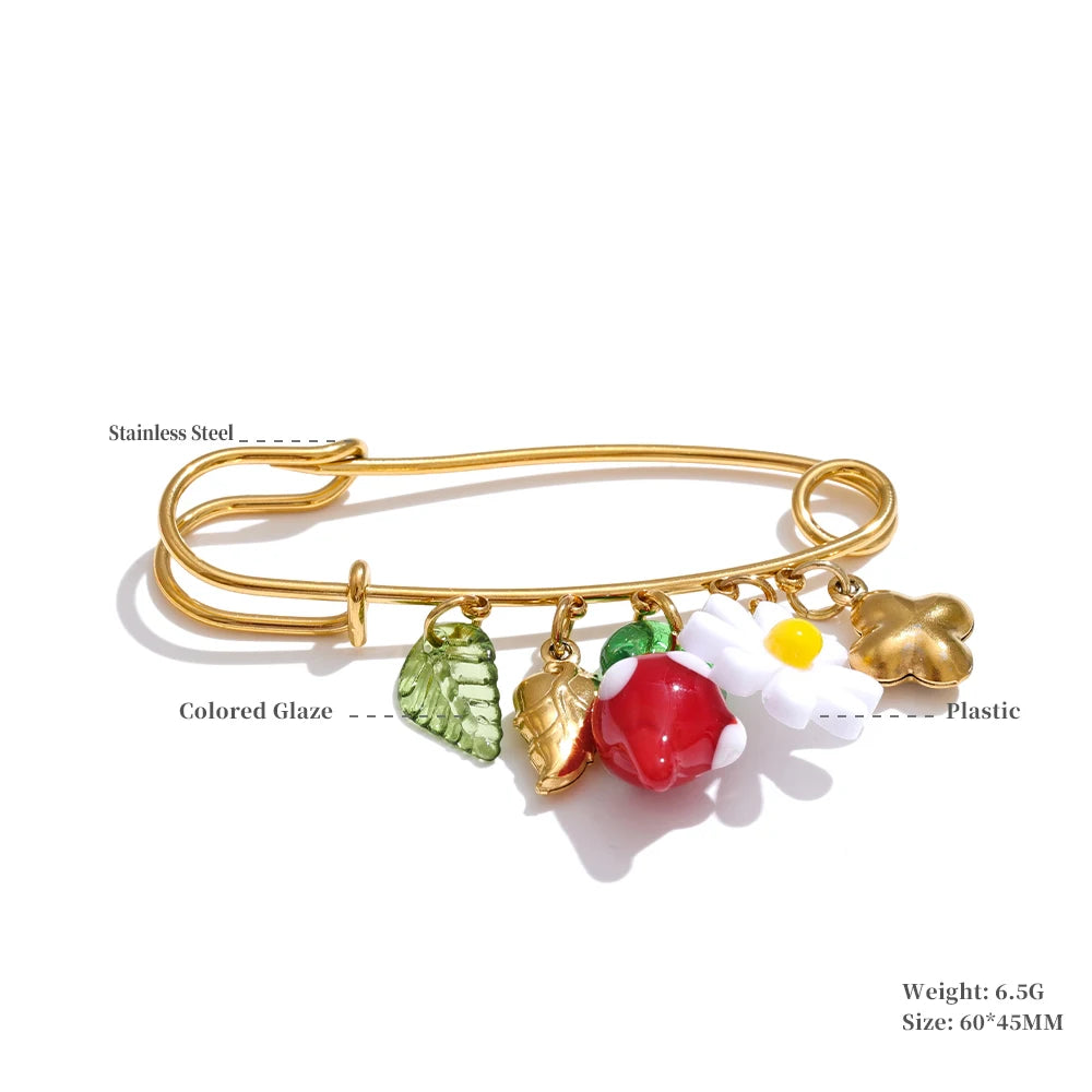 Yhpup 1Pcs Fashion Plastic Strawberry Fruit Heart Flower Shell Drop Charm Clasp Pin 18K Golden Plated Stainless Steel Jewelry
