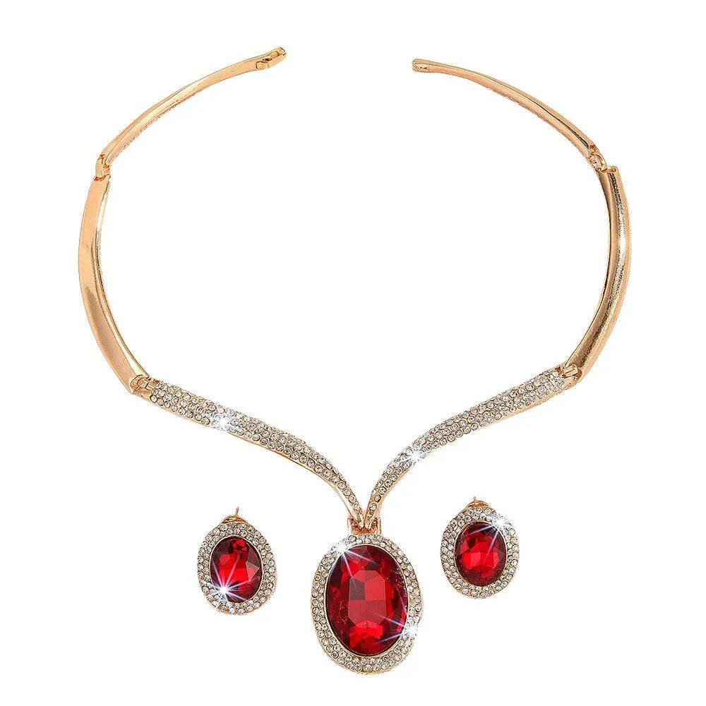 Women's Gold-Plated Red Crystal Jewelry Set - Necklace and Earrings Accessories for Wedding Party Formal Occasions Prom Cocktail Party