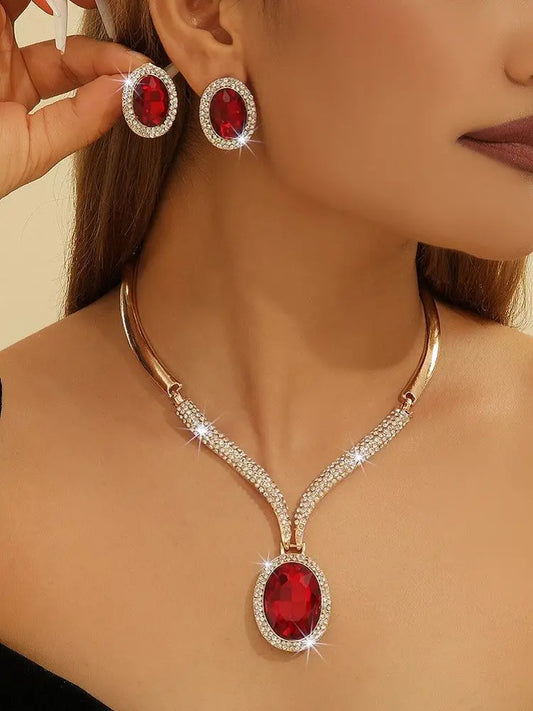 Women's Gold-Plated Red Crystal Jewelry Set - Necklace and Earrings Accessories for Wedding Party Formal Occasions Prom Cocktail Party