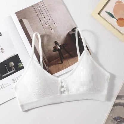 Women's Ribbed Hollow-Out Bralette Wireless Bra Breathable Padded Underwear Ladies Thin Strap Lingerie Daily Wear Sports Bras