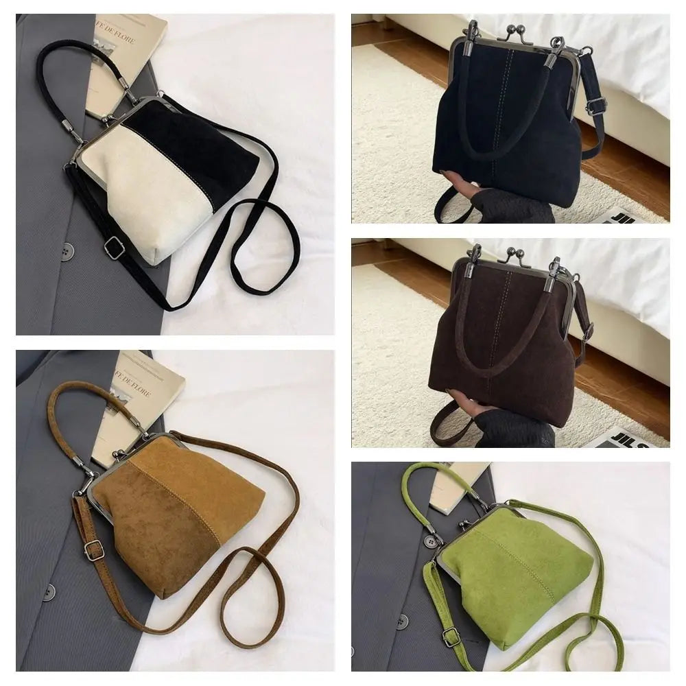 Large Capacity Retro Frosted Handbag Kiss Lock Short Handle Leather Crossbody Bag PU Clip Closure Clutch Shoulder Bag