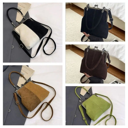 Large Capacity Retro Frosted Handbag Kiss Lock Short Handle Leather Crossbody Bag PU Clip Closure Clutch Shoulder Bag