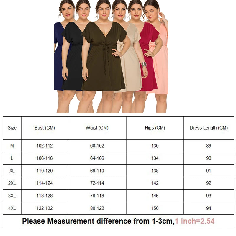 PLUS SIZE V Neck Short Sleeve Mini Dress Women Sundress Sexy Elastic Waist Frenulum Dresses Casual Loose Pullover Clothing