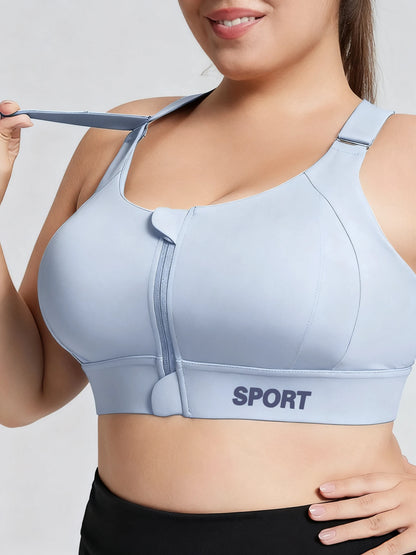 Women's Plus-Size Sports Bra, Lotus Pink, Zip-Up Closure with Lift-Up Design, Adjustable Support, Fixed Cups, Can Be Worn as Outerwear, Medium Support Level, Suitable for Sports, Fitness, Running, and Everyday Casual Wear