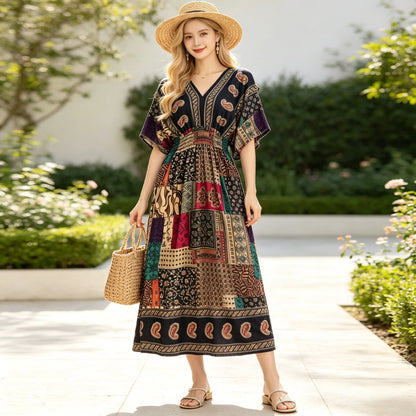 Plus Size Elegant Party Woman Midi Dresses Casual Retro Ethnic Style V-neck Tunic Large Swing Floral Printed Long Skirt Holiday
