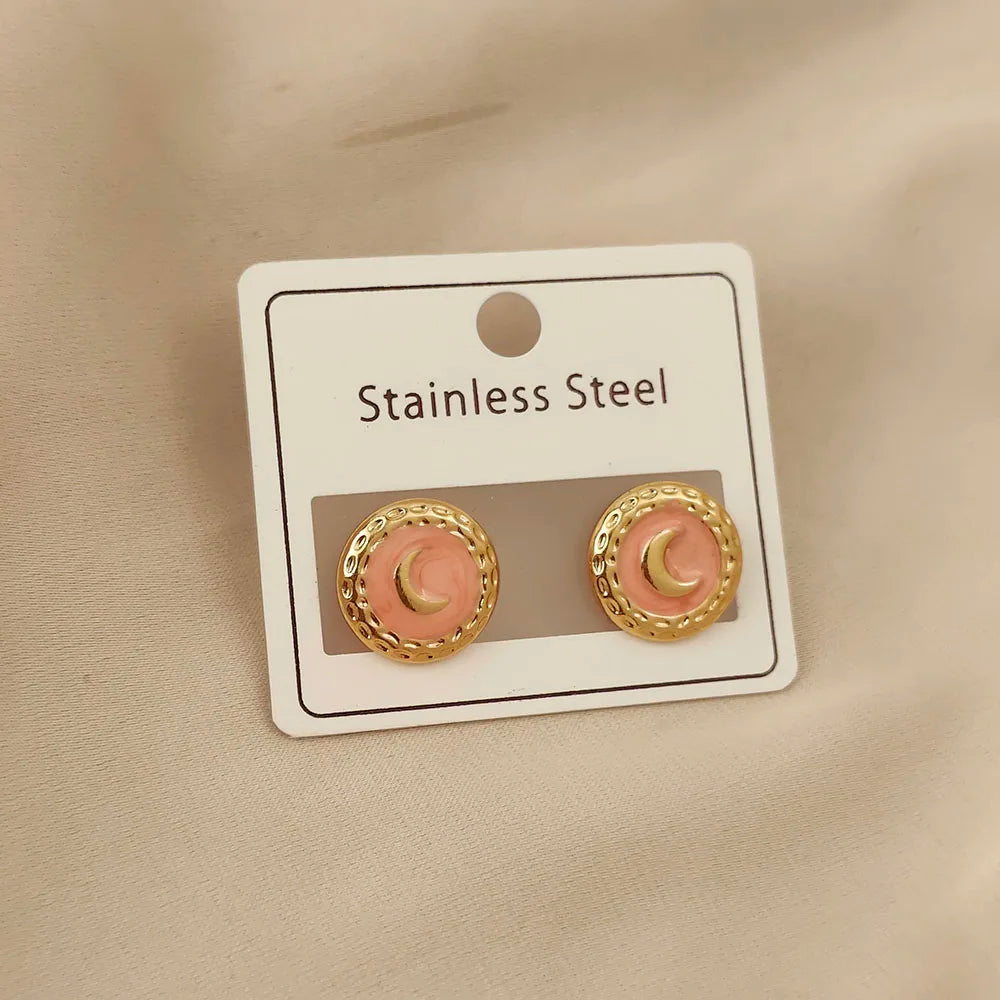Charming round moon colored enamel gold-plated 18K women's earrings, high quality waterproof earrings, wife's gift