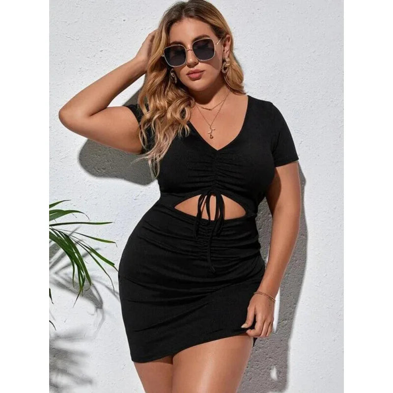 European and American fashion plus size women's sexy pleated design solid color hip hugging dress