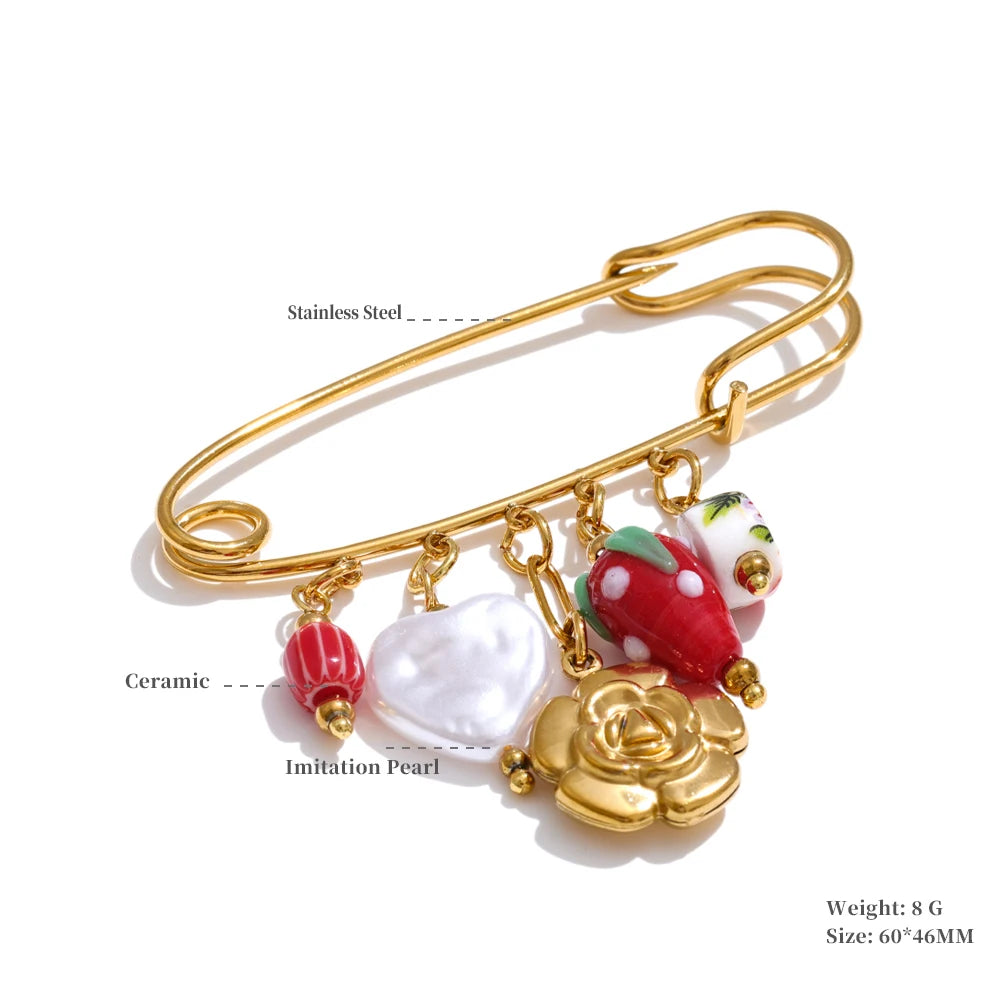 Yhpup 1Pcs Fashion Plastic Strawberry Fruit Heart Flower Shell Drop Charm Clasp Pin 18K Golden Plated Stainless Steel Jewelry