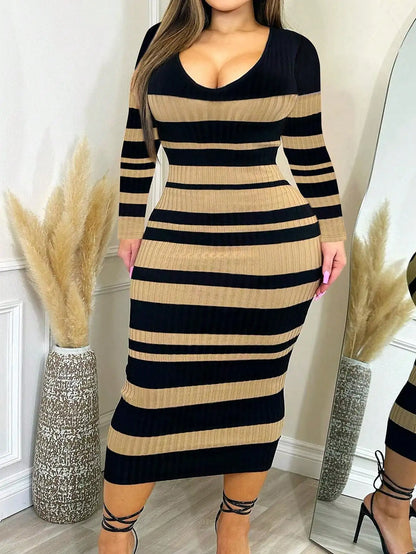 Plus-size Women's Spring and Autumn Slimming Striped Print Long-sleeved Gathered Dress