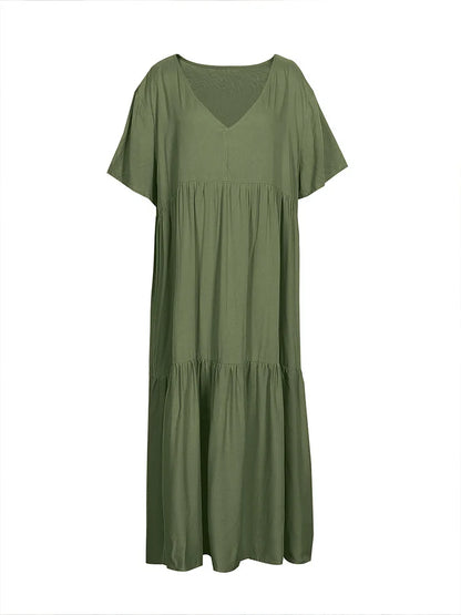 plus Size Women's Casual Loose V-Neck Solid Long Dress Spring Summer Pleated Big Size Women's Dress