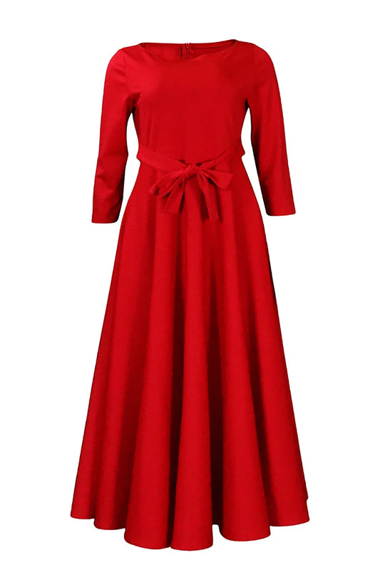 Plus Size Women Christmas Dress Red Fall Winter Round Neck With Pocket Wrap Elegant Midi Dresses
