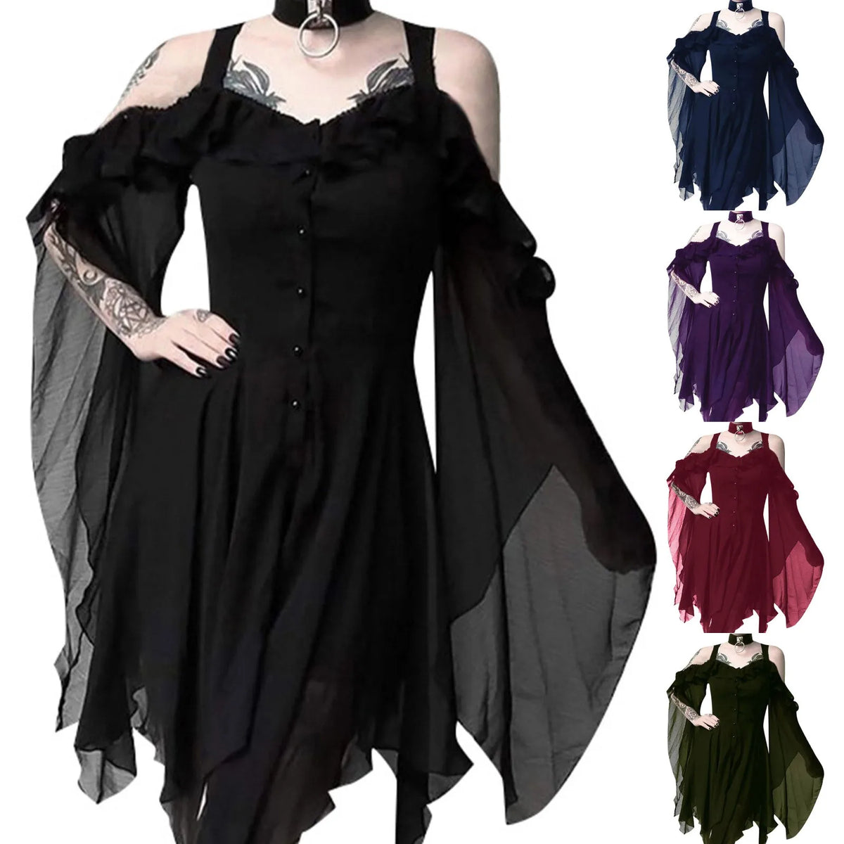 2024 Women Plus Size Fashion Dew Shoulder Gothic Ruffled Sling Dress Irregular Dress（S-5XL) Vintage Punk Harajuku Lolita Clothes