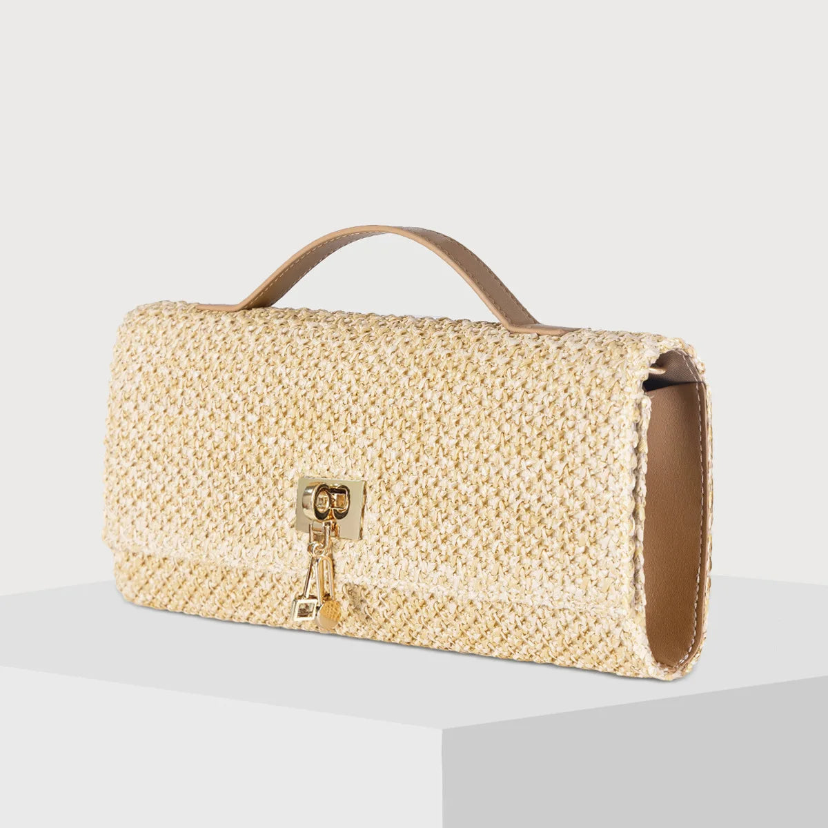 Straw Woven Clutch Bag with Top Handle, Gold Chain Crossbody Purse, Summer Beach Bag with Lock Closure for Women Party, Wedding