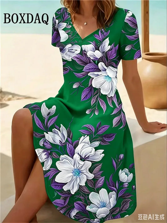 6XL Plus Size Women Dresses Summer Beach Casual A-Line Dress Vintage Boho Floral Print Short Sleeve V-Neck Loose Dress Vestidos