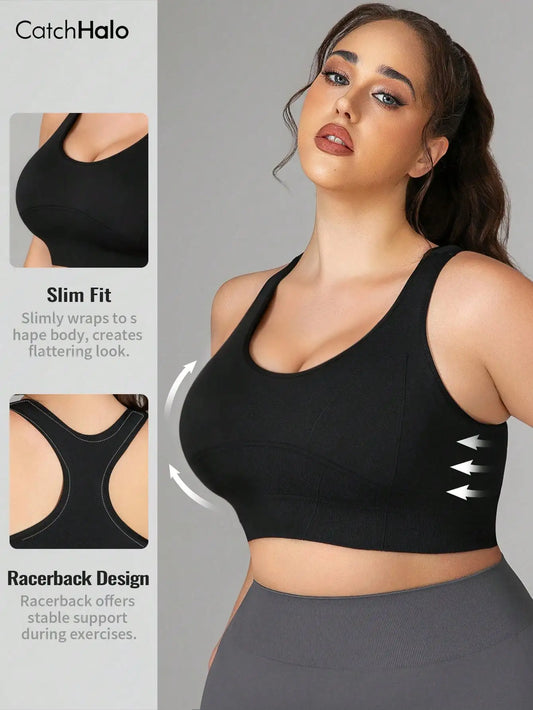 Plus Size Racerback Sports Bra Women Wide Strap Removable Pads Wireless Gym Yoga Bra Breathable Fitness Workout Crop Top