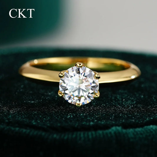 CKT Real 18k Gold Six-claw Rings for Women 6.5mm Round 1ct D Color Diamond Moissanite Fine Jewelry Wedding Bands Ring