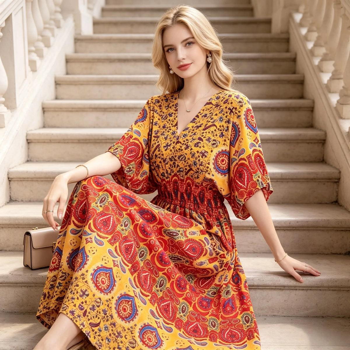 Plus Size Elegant Party Woman Midi Dresses Casual Retro Ethnic Style V-neck Tunic Large Swing Floral Printed Long Skirt Holiday