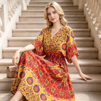 Plus Size Elegant Party Woman Midi Dresses Casual Retro Ethnic Style V-neck Tunic Large Swing Floral Printed Long Skirt Holiday