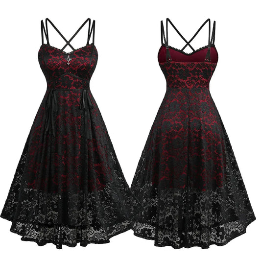 Plus Size Gothic Lace Midi Dresses Women Black Red Floral Overlay Crisscross Strappy Cami Dress Vintage Tie Waist Dress Vestidos
