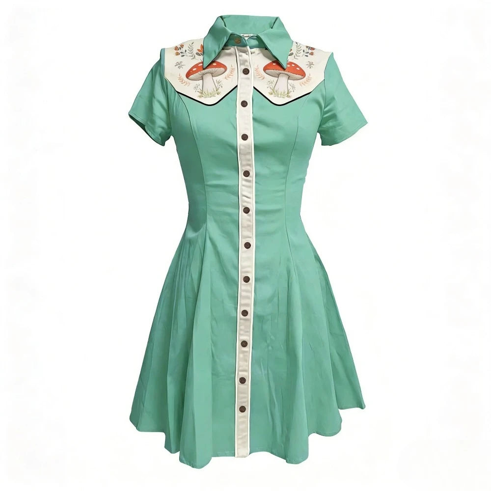 Women's Plus Size Cute Mushroom Print Lapel Collar Dress Button Down Slim Fit Casual Party Dress Cotton Soft Casual Dresses