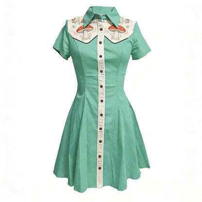 Women's Plus Size Cute Mushroom Print Lapel Collar Dress Button Down Slim Fit Casual Party Dress Cotton Soft Casual Dresses