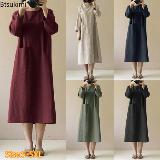 Plus Size Loose Cotton Linen Dress for Women Vintage Long Sleeve Mori Girl's Casual Dress with Pockets O-neck Modest Robe Femme