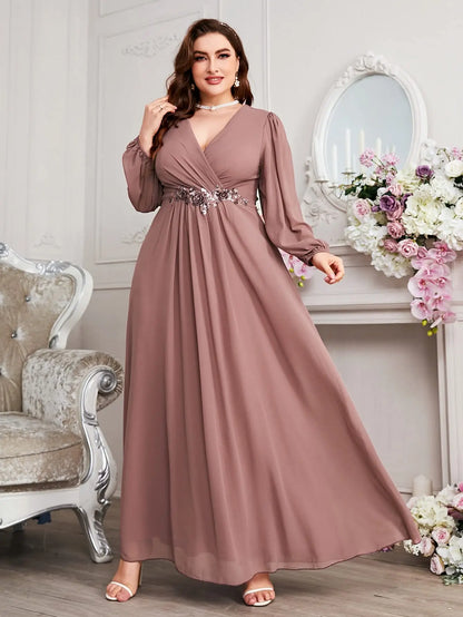 Plus Size Women V-Neck Long Sleeve Chiffon Dress Waistline Pleated Lantern Sleeve Decorated Bead Strip Long Gown Evening Dress