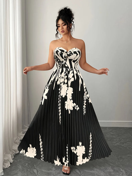 plus Size Elegant Dress Stylish Gracious Fashion Position Printing Gored Skirt Craft Pleated Skirt for Women