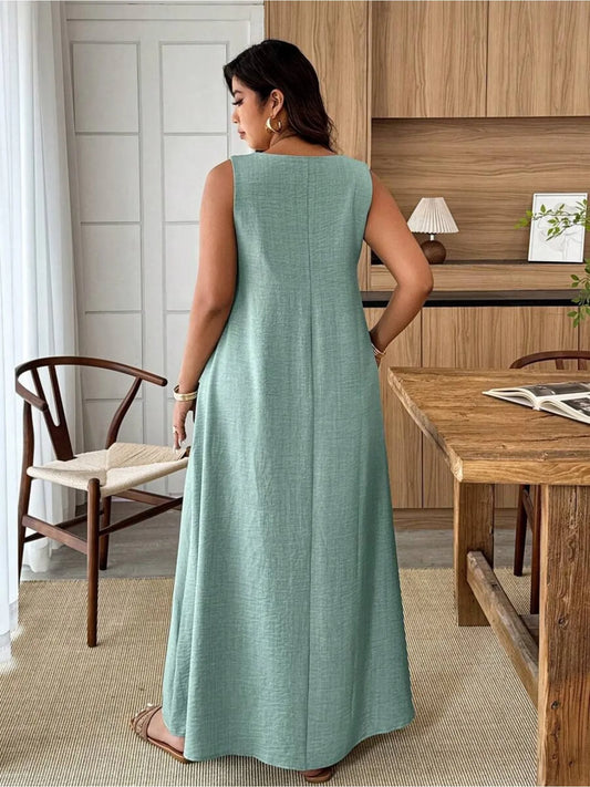 Plus-Size Maxi Dress - Sleeveless, V-Neck, A-Line & Loose Fit, Suitable For Vacation, Daily Wear & Office, Spring & S