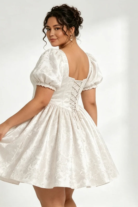 Plus Size Ivory Jacquard Satin Corset Mini Dress Elegant Square Neck Croset Back A‑Line Short  Romantic Homecoming Customized
