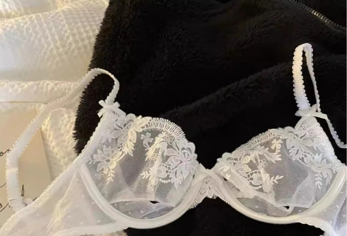 Ultra Thin Bra Set for Petite Chest: Anti-Sag Soft Wire Uplift, Sheer French Lace Bralette & Briefs, Plus Size Women 32 - 38 A B